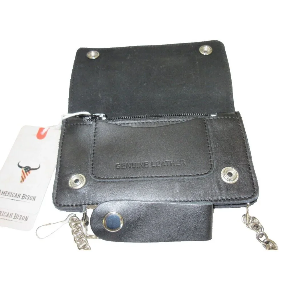 Men's Classic Genuine Premium Leather Snap Chain Trucker Biker Wallet Black NEW - Picture 3 of 9